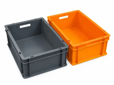 2x Kunststof magazijnbak 60x40 cm grijs/oranje – kavel bij XL Auctions