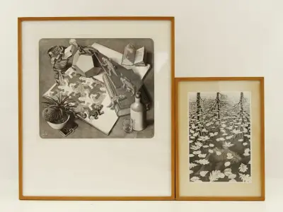M.C. Escher reproductie prints Reptielen/Drie werelden – kavel bij De Kringwinkel, Antwerpen