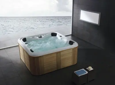 Outdoor Spa, Vonato, Tovario, Wit bad / Naturel houten kleur zijkant – kavel bij Onlineveilingmeester