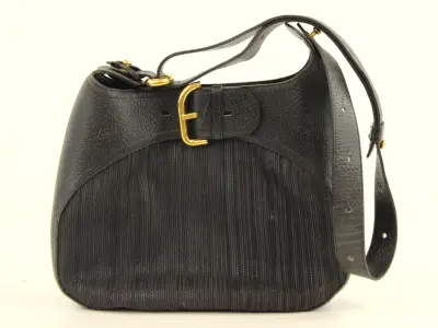 Vintage Delvaux ‘Chardonnay Bigaré’ - donkerblauw leder & toile de cuir - crossbody – kavel bij De Kringwinkel, Antwerpen