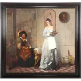 Onduidelijk gesigneerd, Russische School, interieur met figuren, doek 130x140 cm, buitenmaat is 153x163 cm – kavel bij Veilinghuis Derksen