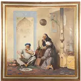 Onduidelijk gesigneerd, Russische School, Arabische voorstelling met 3 mannen, doek 142x142 cm, buitenmaat is 165x167 cm – kavel bij Veilinghuis Derksen