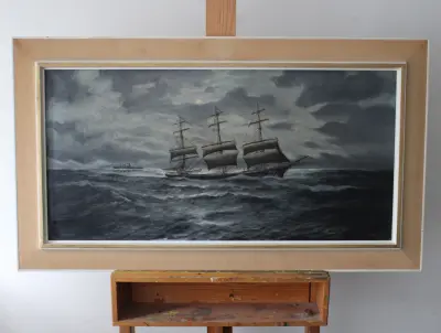 Schilderij zeilschip op ruwe zee - Schutman – kavel bij GSD Auctions, Zoeterwoude