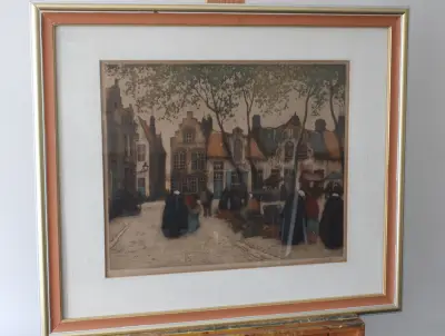 Ingelijste prent van oud dorpsgezicht met markt – kavel bij GSD Auctions, Zoeterwoude