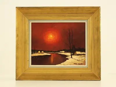 Piet Mees – winters rivierlandschap bij rode avondzon – kavel bij De Kringwinkel, Antwerpen