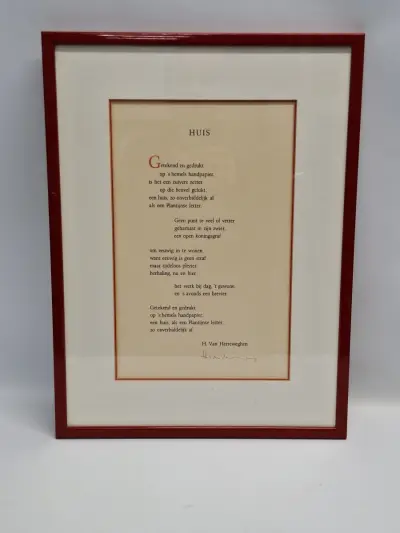 Gedrukt en handgesigneerd gedicht "Huis" - Hubert van Herreweghen - ingelijst – kavel bij De Kringwinkel, Gent
