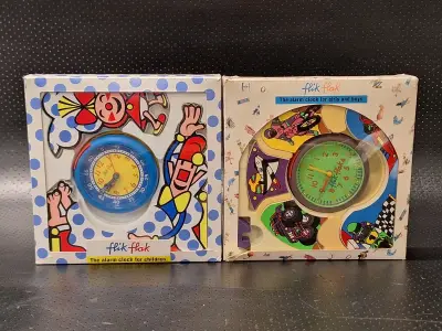 Set van twee vintage Flik Flak kinderwekkers uit 1992 in originele verpakking - Swatch – kavel bij De Kringwinkel, Gent