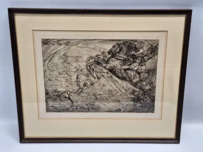 Antieke ets "Steigerende Paarden" - Henri Quittelier (1884–1980) - ingelijst – kavel bij De Kringwinkel, Gent