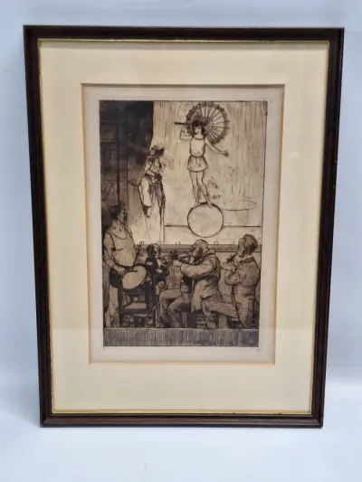 Edmond Van Offel (1871–1959) - originele ets "Circusvoorstelling" (1917) – kavel bij De Kringwinkel, Gent