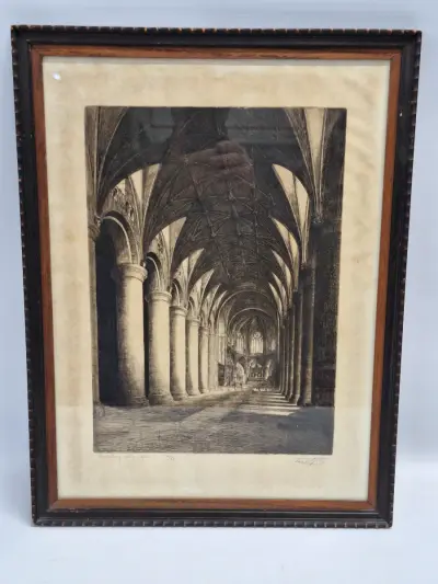 Jos Van Giel (1892–1972) - originele ets "Tewkesbury Abbey - Nave" (gelimiteerde oplage 40/50) – kavel bij De Kringwinkel, Gent