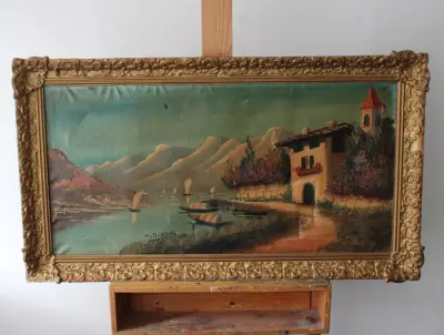 Schilderij met landschap en boten in goudkleurige lijst – kavel bij GSD Auctions, Zoeterwoude
