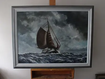 Schilderij zeilboot op ruwe zee - R.F. Albert – kavel bij GSD Auctions, Zoeterwoude