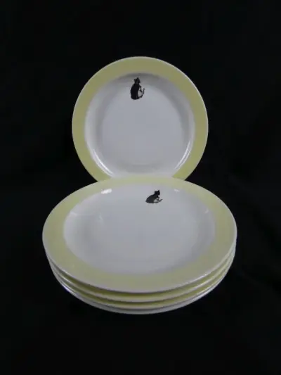Set van 5 borden met kat en gele rand Ø 19cm – kavel bij De Kringwinkel, Diest