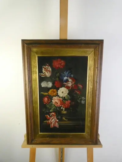 Olieverfschilderij Klassiek Bloemstilleven met Tulpen en Rozen in Vaas – kavel bij De Kringwinkel, Heverlee