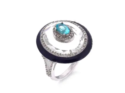 Ovaal gevormde ring met een blauwe apetiet, witte kristal, zwarte onix en natuurlijke diamanten – kavel bij Onlineveilingmeester