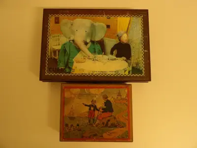 2 sets vintage blokkenpuzzels: Babar ORTF (1968) + Vieilles Chansons de France – kavel bij De Kringwinkel, Leopoldsburg
