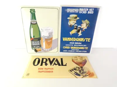 Set van 3 retro Belgische bierreclameborden – kavel bij De Kringwinkel, Heverlee