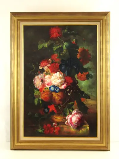 Kleurrijk handgeschilderd bloemstilleven - olie op doek - 90 x 60 cm – kavel bij De Kringwinkel, Antwerpen