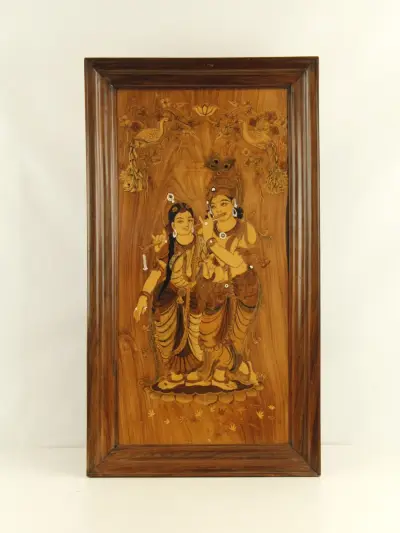 Radha & Krishna Ingelegd Indisch Houten Wandpaneel – kavel bij De Kringwinkel, Antwerpen