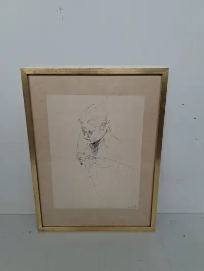 Originele Pentekening "Breiend Moedertje" (1975) – Monique Schotte (Academie Antwerpen / Pol Mara) – kavel bij De Kringwinkel, Waardamme