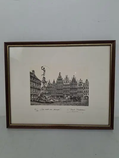 Gelimiteerde & Gesigneerde Prent "Grote markt van Antwerpen" – Daniel Winkelmans (Nr. 171/950) – kavel bij De Kringwinkel, Waardamme