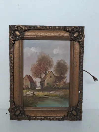 Sfeervol Olieverfschilderij "Dorpsgezicht aan het water" – Gustave Pynaert (1900-1968) – kavel bij De Kringwinkel, Waardamme