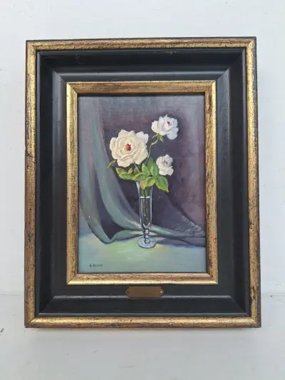 Klassiek Bloemstilleven met Witte Rozen – Olieverf op Paneel (A. Mere) – kavel bij De Kringwinkel, Waardamme