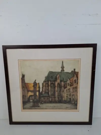 Originele Kleurenets 'Historisch Vlaams Stadsplein' – Alfred van Neste (1874-1969) – kavel bij De Kringwinkel, Waardamme