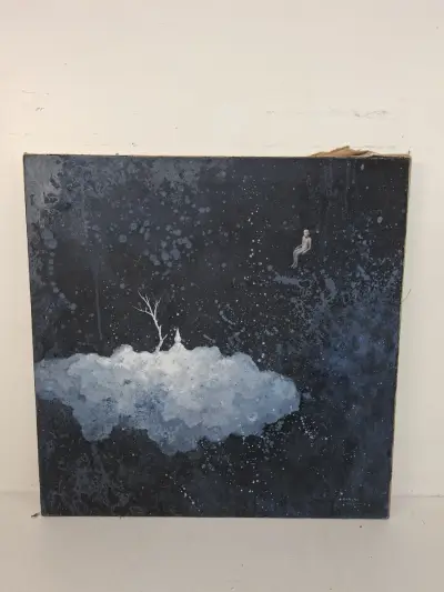 Mystiek Surrealistisch Schilderij – "Zwevende Figuur in Kosmische Ruimte" (Momoko, 1981) – kavel bij De Kringwinkel, Waardamme
