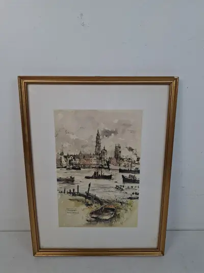 Lithografie 'Gezicht op Antwerpen' – Jan Korthals (1918–1972) – kavel bij De Kringwinkel, Waardamme