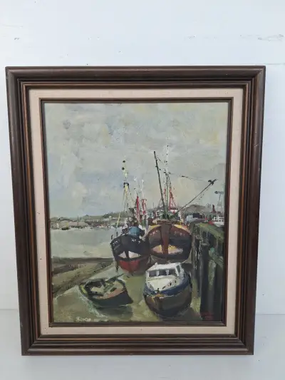 Expressionistisch Havengezicht met Vissersboten – Olieverf op Doek (H.J. Merckx, 1967) – kavel bij De Kringwinkel, Waardamme