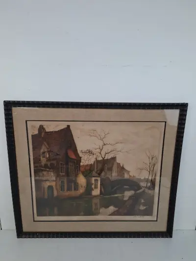 Originele Kleurenets 'Brugs Grachtengezicht met Bonifaciusbrug' – Gelimiteerde Oplage (Alfred van Neste, 1874-1969) – kavel bij De Kringwinkel, Waardamme