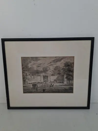 Ingelijste Lithografie / Gravure "Père-Lachaise" – Historisch Parijs Gezicht met Passe-partout – kavel bij De Kringwinkel, Waardamme