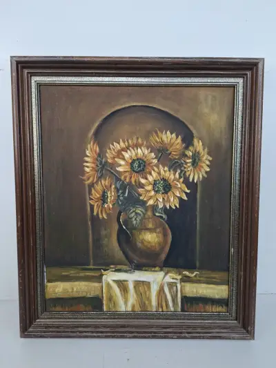 Vintage Olieverfschilderij "Zonnebloemen in Vaas" – Gesigneerd en Inclusief Klassieke Houten Lijst – kavel bij De Kringwinkel, Waardamme