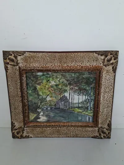 Vintage Schilderij – Bosrijk Riviergezicht met Historisch Huis in Monumentale Barokstijl Lijst – kavel bij De Kringwinkel, Waardamme