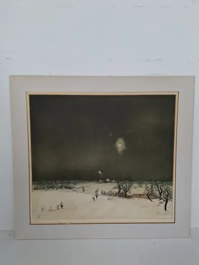 Gelimiteerde Kleurets/Litho: "Verger sous la neige" – Armand Apol naar Valerius de Saedeleer (1942) – kavel bij De Kringwinkel, Waardamme