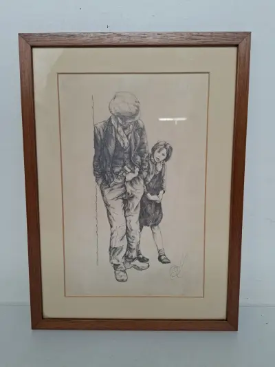 Ingelijste Potlood- of Houtskooltekening – Emotioneel Portret van Man en Kind – kavel bij De Kringwinkel, Waardamme