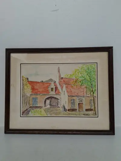 Ingelijste Aquarel door Van Geker – Historisch Begijnhof / Dorpsgezicht – kavel bij De Kringwinkel, Waardamme