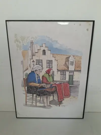 Sfeervolle Ingelijste Aquarel met Potlood door L. Boy – Kantklossende Vrouwen voor Trapgevelwoningen – kavel bij De Kringwinkel, Waardamme