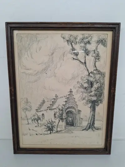 Antieke Houtskool- of Potloodtekening – Historisch Poortgebouw – kavel bij De Kringwinkel, Waardamme