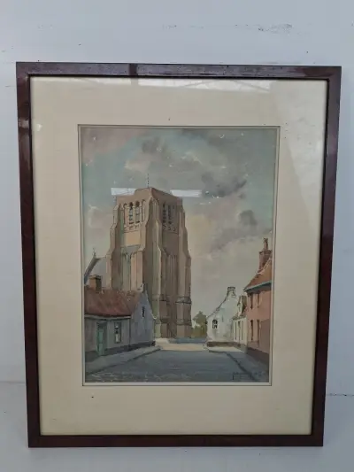 Antieke Aquarel (1955) – Zicht op de Kerk van Lissewege – Gesigneerd N. Depondt – kavel bij De Kringwinkel, Waardamme