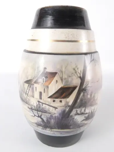 Decoratieve vintage vaas met huis en boom motief – kavel bij De Kringwinkel, Heverlee
