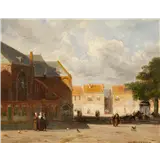 Jan Weissenbruch – Kerkplein in een Hollandse stad, gesigneerd rechtsonder, olieverf op paneel, 30.5 x 40 cm – kavel bij Venduhuis De Eland
