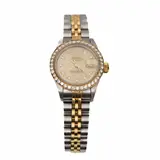 ROLEX, stalen en geelgouden dameshorloge, type Oyster Perpetual Datejust, met champagnekleurige wijzerplaat voorzien van datumaanduiding en diamant… – kavel bij Venduhuis De Eland