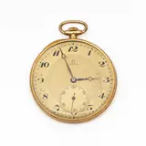 OMEGA, vestzakhorloge gevat in geelgouden kast, met goudkleurige wijzerplaat voorzien van Arabische becijfering, subwijzerplaat met secondenaanduid… – kavel bij Venduhuis De Eland
