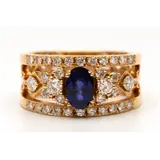 Roségouden harpring, centraal bezet met een ovale gefacetteerde blauwe saffier van circa 0.9 ct., de bovenzijde van de ring voorts bezet met kleine… – kavel bij Venduhuis De Eland