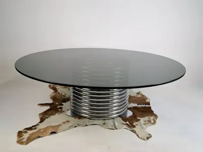 Ronde glazen tafel met chromen metalen voet – kavel bij De Kringwinkel, Turnhout
