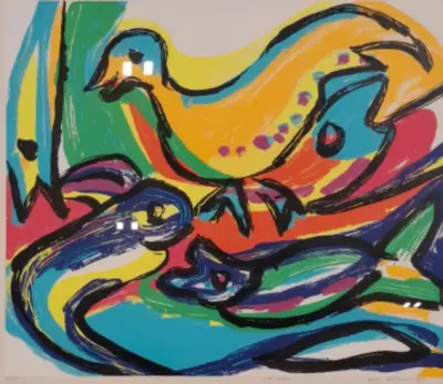 Zeefdruk in lijst, Maya Wildevuur, Vogel vissen, 1992, 36/175 – kavel bij Onlineveilingmeester, Groningen