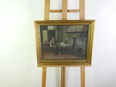 Sfeervol olieverfschilderij - Boereninterieur met Pijprokende Man - M. Boumans – kavel bij De Kringwinkel, Heverlee