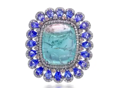 Groot uitgevoerde art-deco ring met natuurlijke diamanten een grote tourmalijn en tanzanieten – kavel bij Onlineveilingmeester